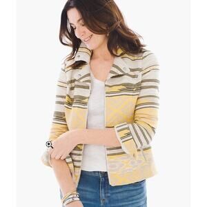 Chicos Size 0 Full Zip Aztec Jacquard Moto Jacket Women Small Yellow Black Lined